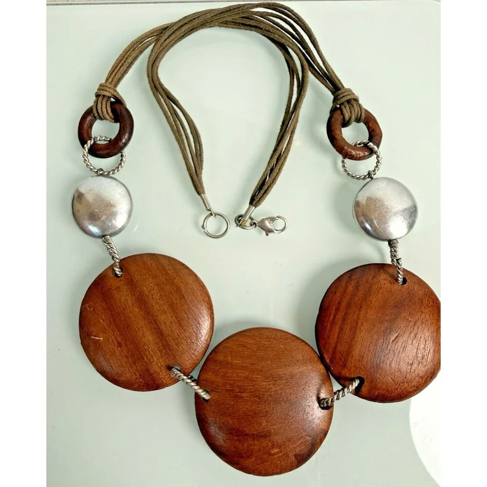 Chunky Round Wood Disc & Textured Silver Statement Necklace Rope Cord Boho